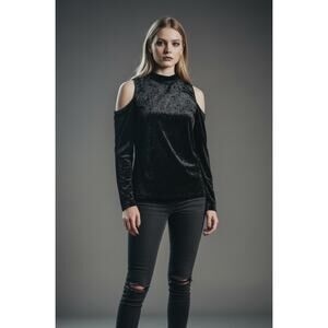 Mossimo Top Womens M Black Velvet Open Shoulder Whimsygoth Vampire Goth Eyelet